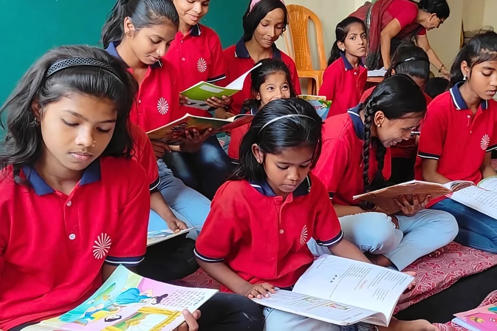 Children in red Divine Sanskarshala uniforms reading books during a classroom session focused on value-based education.