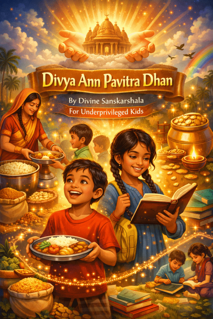 Illustrated poster of the Divya Ann Pavitra Dhan initiative by Divine Sanskarshala showing children receiving nutritious food, studying with books, and symbols of charity and prosperity.