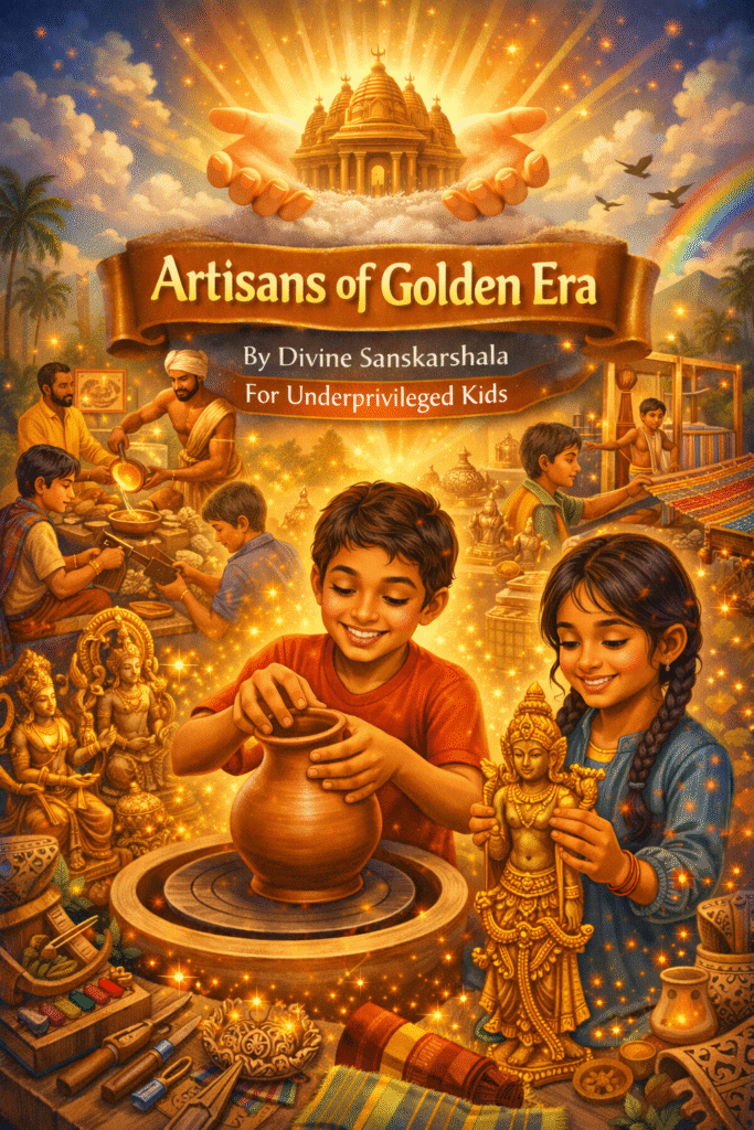 Illustrated poster of the Artisans of Golden Era initiative by Divine Sanskarshala showing children learning pottery, sculpture, weaving, and traditional crafts.