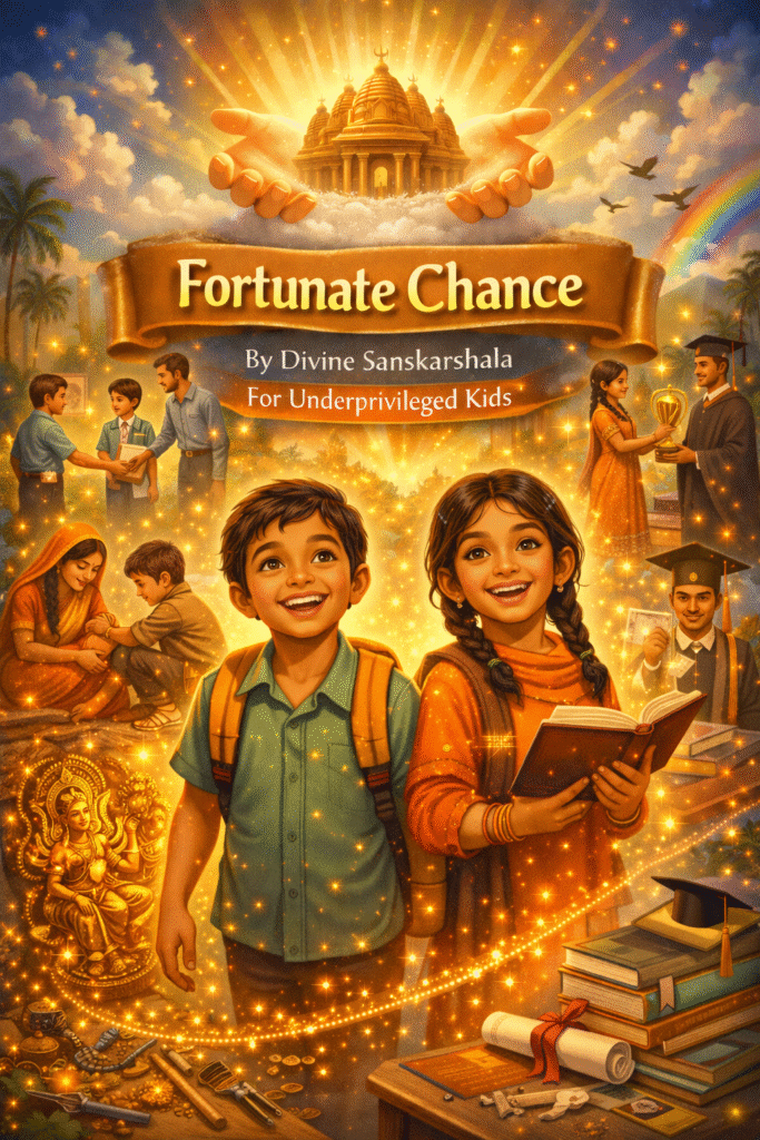 Illustrated poster of the Fortunate Chance initiative by Divine Sanskarshala showing underprivileged children studying, receiving guidance, and celebrating educational success.