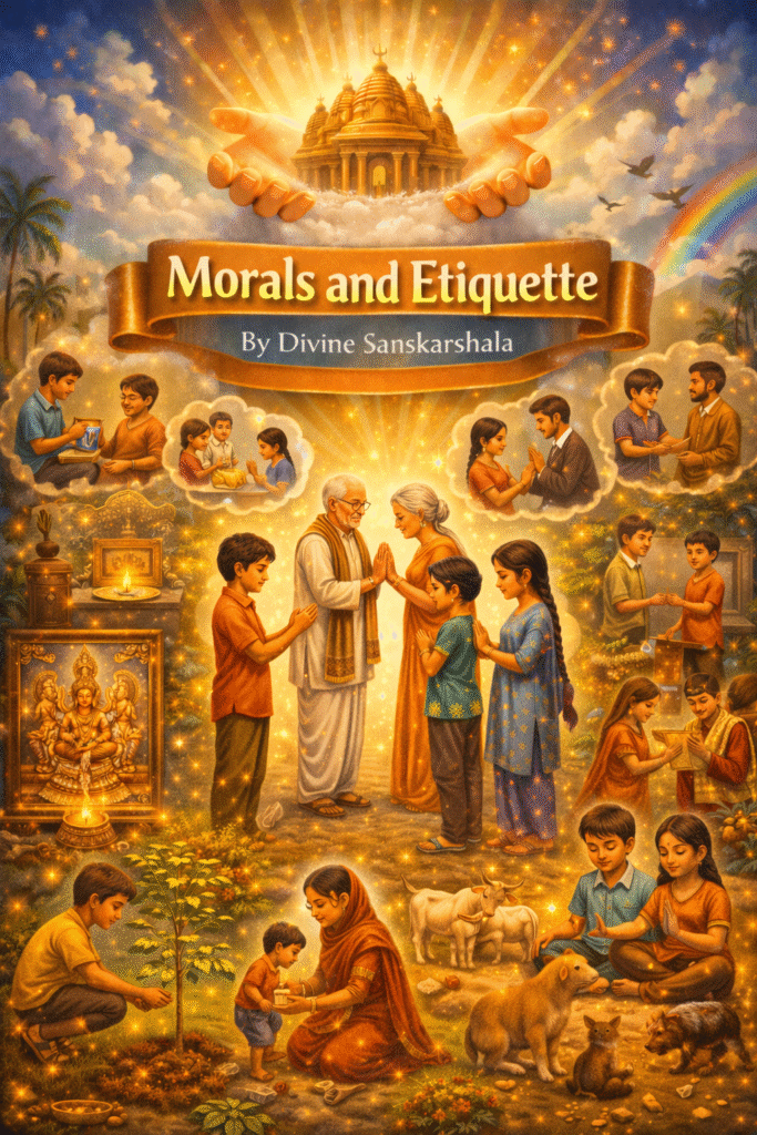 Illustrated poster of Morals and Etiquette by Divine Sanskarshala showing children greeting elders, helping others, praying, planting trees, and caring for animals.